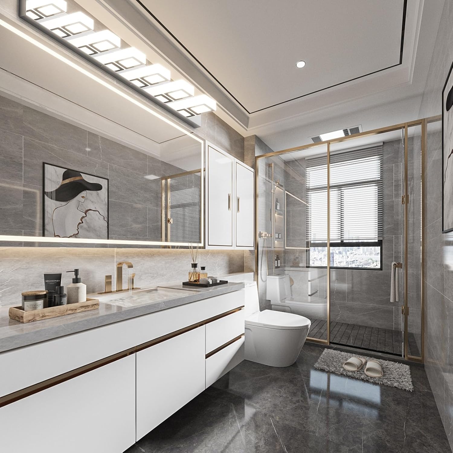 Ralbay 46' LED Chrome Vanity Lights 7 Lights Acrylic Stainless Steel LED Modern Vanity Lights Chrome Bathroom Lighting Fixtures Over Long Mirror (Natural White Light 4500K)