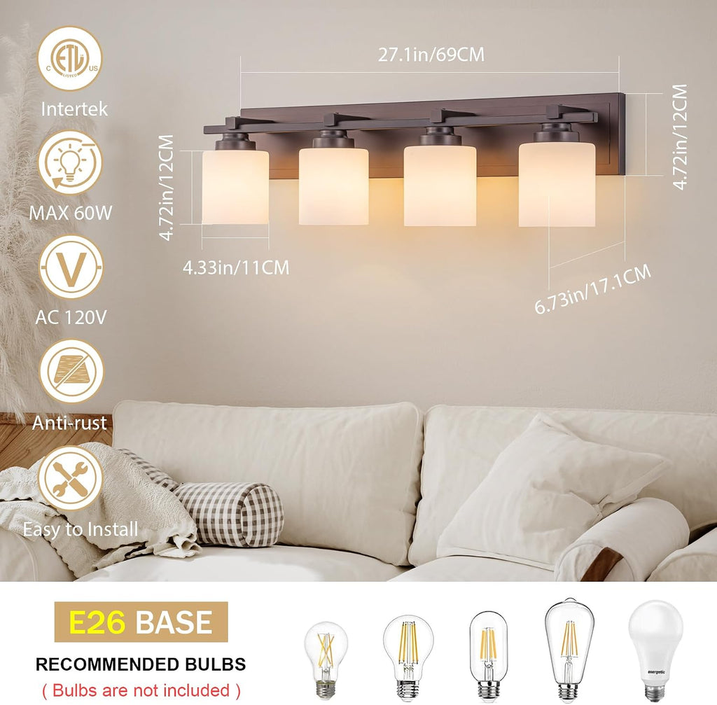 Modern Bathroom Light Fixtures Over Mirror, Vanity Lights for Bathroom Wall Sconces with Milky White Glass Shades, E26 Socket (Bulbs Not Included), 4 Light, Oil Rubbed Bronze