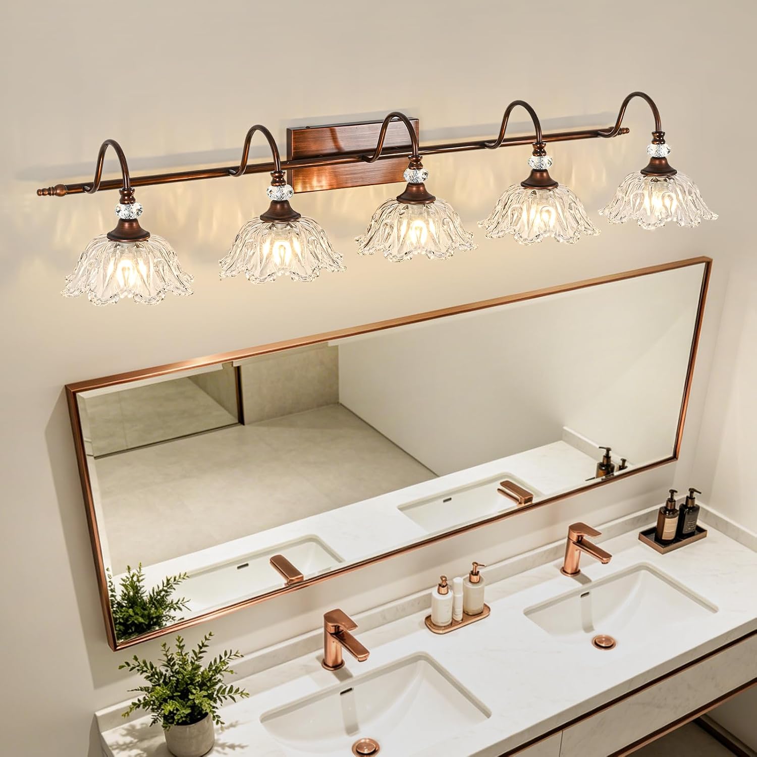 5-Light Antique Red Bronze Finish Bathroom Vanity Light, Vintage Vanity Light with Floral Clear Glass Shades, Retro Wall Mount Lighting for Bathroom, Dressing Table