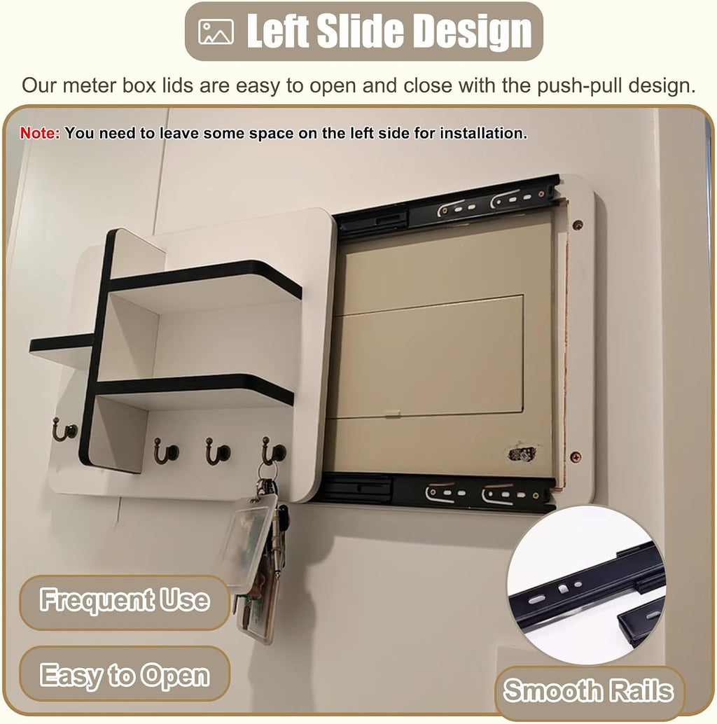 Wooden Breaker Box Cover with Shelves & Hooks, Multifunctional Indoor Fuse Box Cover for Decorative Wall, Left Sliding Meter Box Cover Farmhouse(Style/G,40x30cm(15 3/4x11 3/4'))