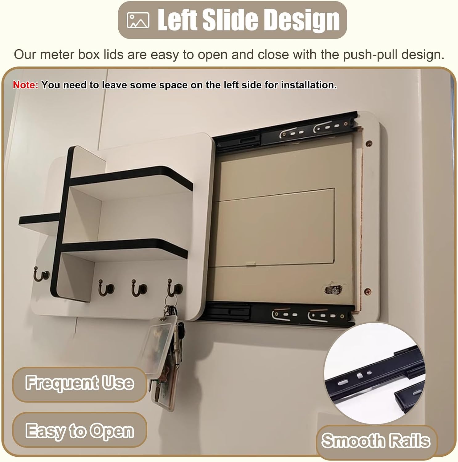 Wooden Breaker Box Cover with Shelves & Hooks, Multifunctional Indoor Fuse Box Cover for Decorative Wall, Left Sliding Meter Box Cover Farmhouse(Style/G,40x30cm(15 3/4x11 3/4'))