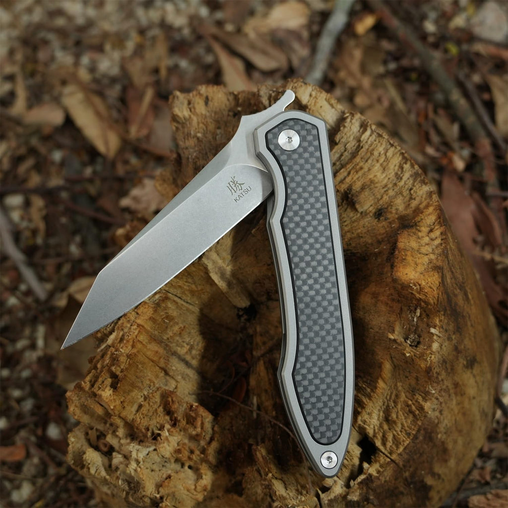 KATSU S35VN Folding Knife with Clip,Carbon Fiber Handle Pocket Knife Cleaver Razor Blade Frame Lock,Japanese Style Clip Point Blade Stonewashed Titanium Knives with Leather Sheath Camping