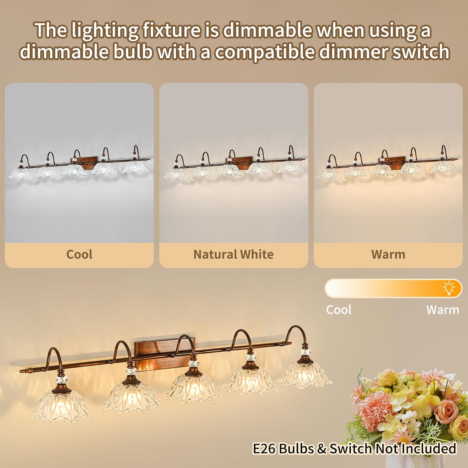 5-Light Antique Red Bronze Finish Bathroom Vanity Light, Vintage Vanity Light with Floral Clear Glass Shades, Retro Wall Mount Lighting for Bathroom, Dressing Table