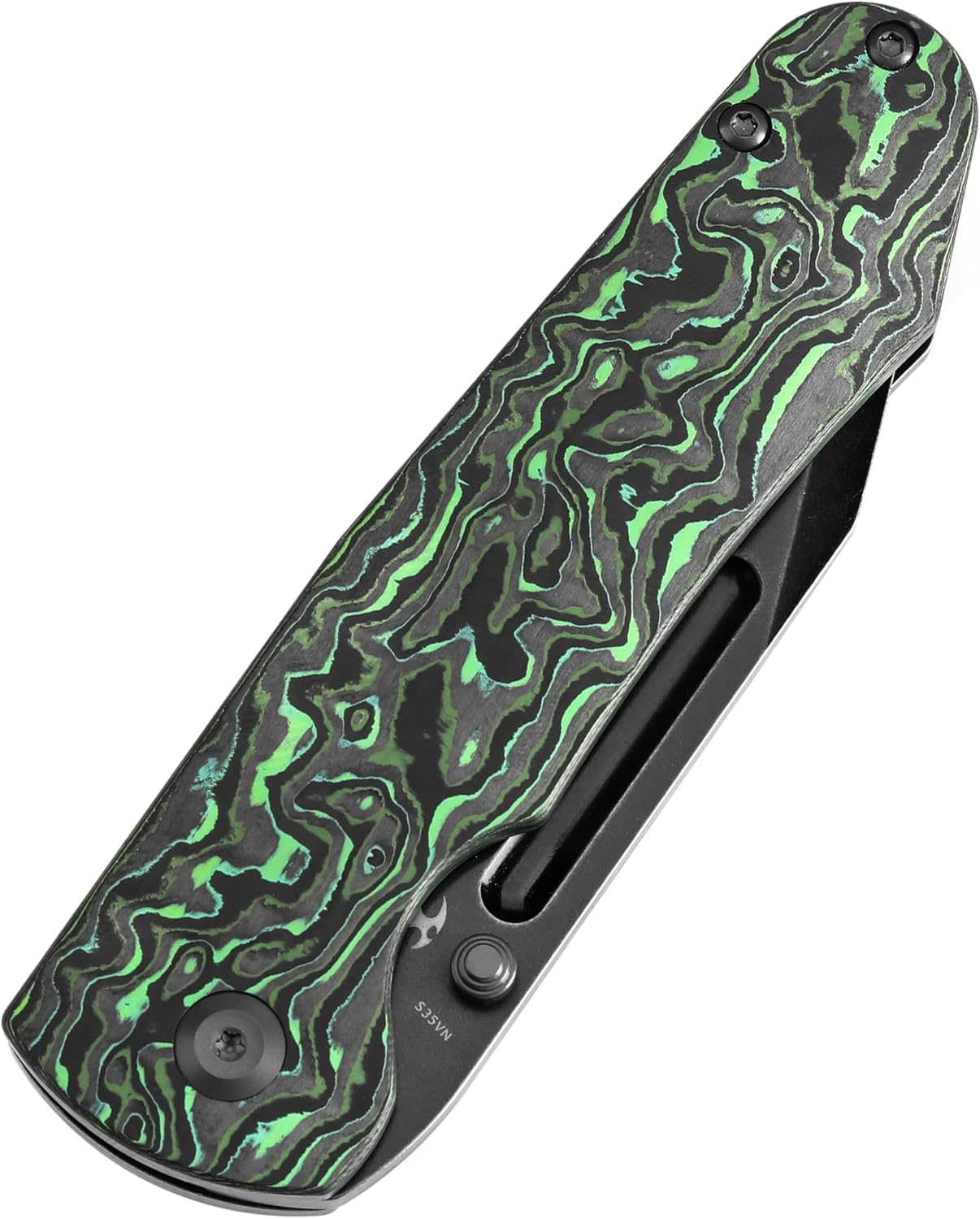 KANSEPT Superhawk Pocket Knives, 3.89''Blackwash CPM S35VN Steel Sharp Blade, Black Titanium with Green Carbon Fiber Handle, Thumb Stud for Edc and Outdoor, 9.03'' Camping Folding Hiking Knive K1084B4