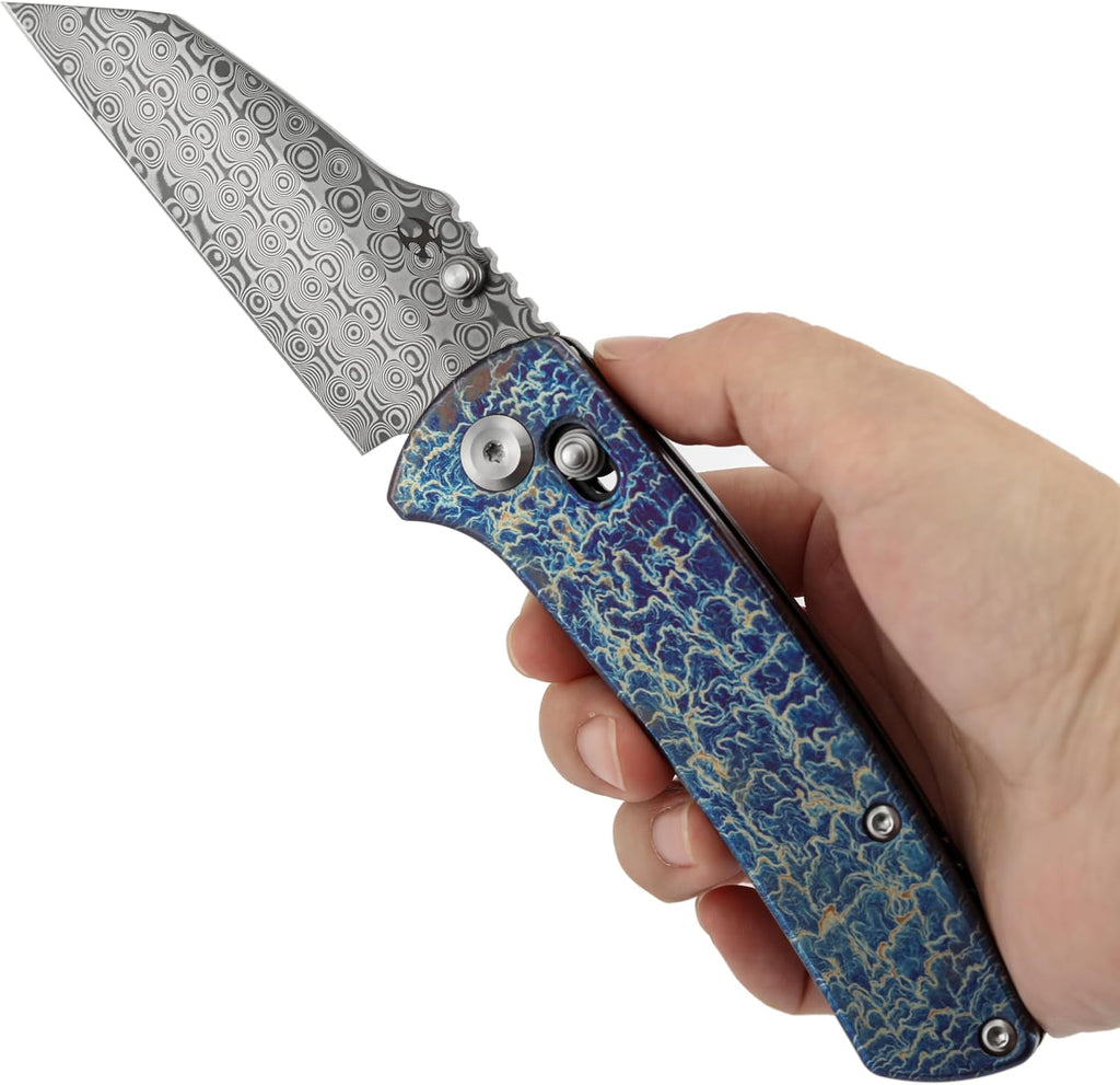 KANSEPT Elite Main Street Pocket Knife, 3.36'' Damascus Tanto Blade, Titanium with Lightning Strike Finish Handle with Thumb Stud,Clip for EDC, Men Gift Camping Survival Folding knives K1015V6