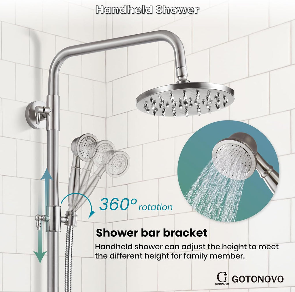 gotonovo Exposed Shower Faucet Set 8 Inch Rainfall Showerhead 3-Function Shower Fixture with Tub Spout 2 Corss Handles Shower System, Brushed Nickel
