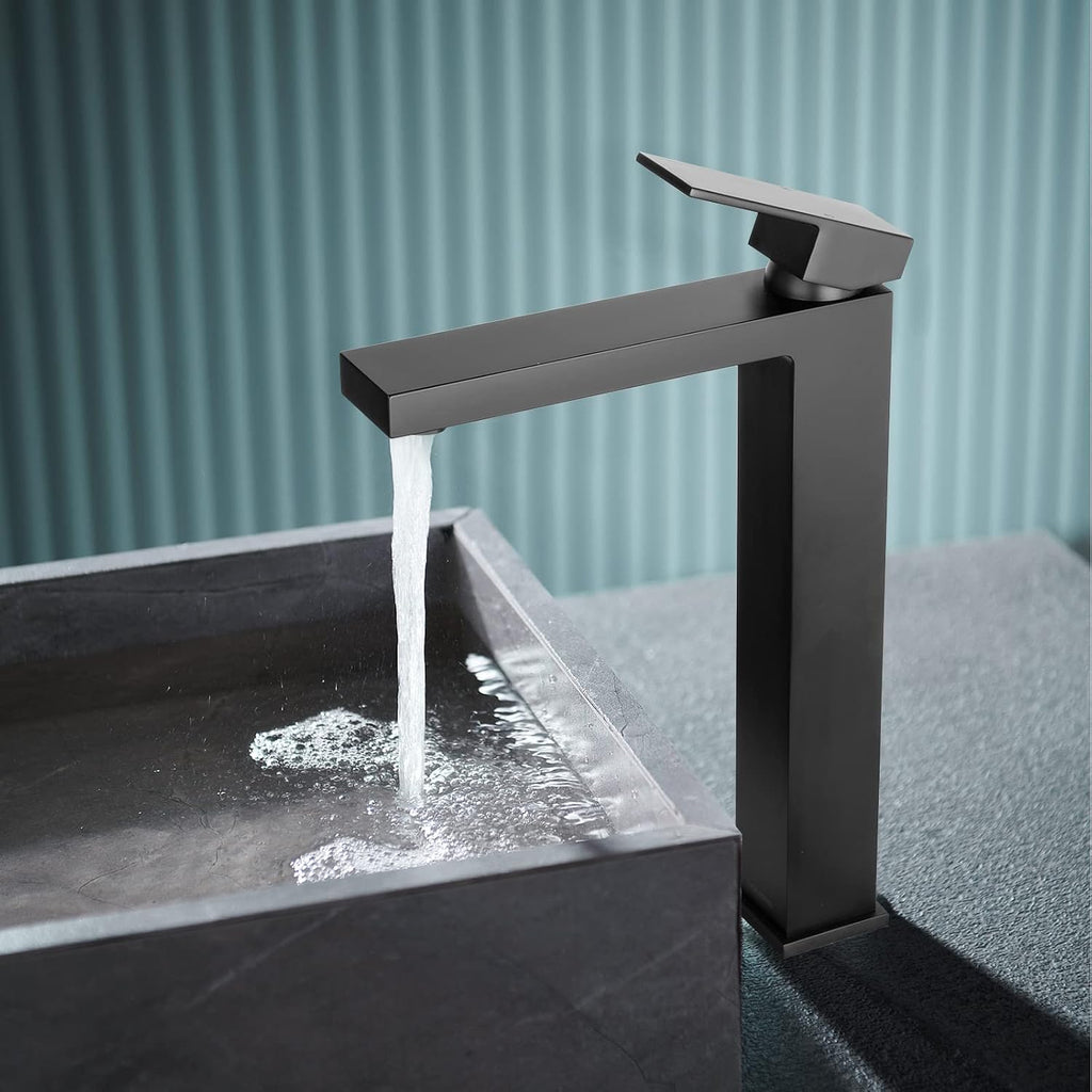Lava Odoro Matte Black Vessel Sink Faucet, Tall Single Handle Bathroom Faucet Single Hole Bowl Sink Faucet Lavatory Vanity Faucet with Pop up Drain Assembly, BF307-MB-T