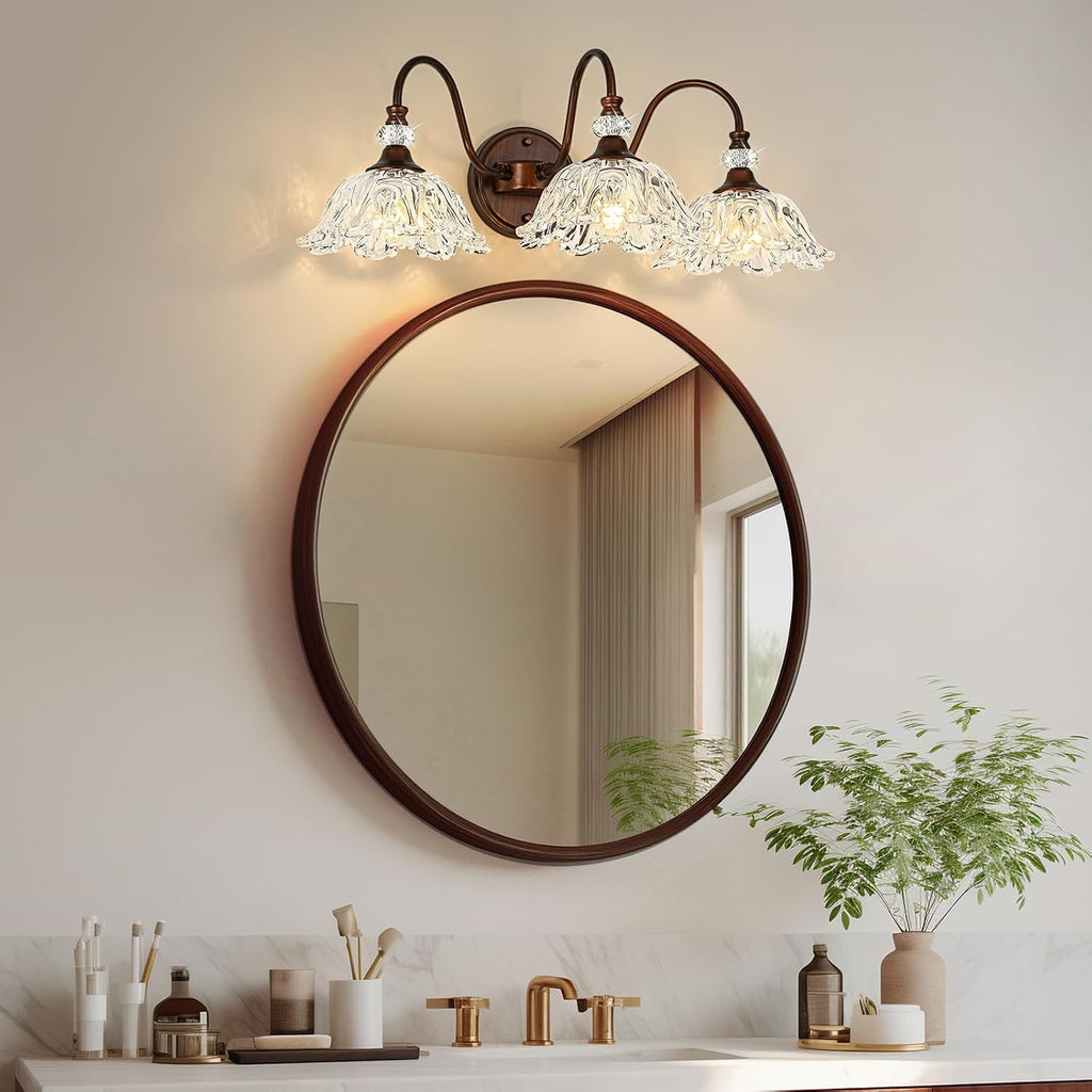 Antique Red Bronze Finish Bathroom Vanity Light, 3-Light Vintage Vanity Light with Floral Clear Glass Shades, Retro Wall Mount Lighting for Bathroom, Dressing Table