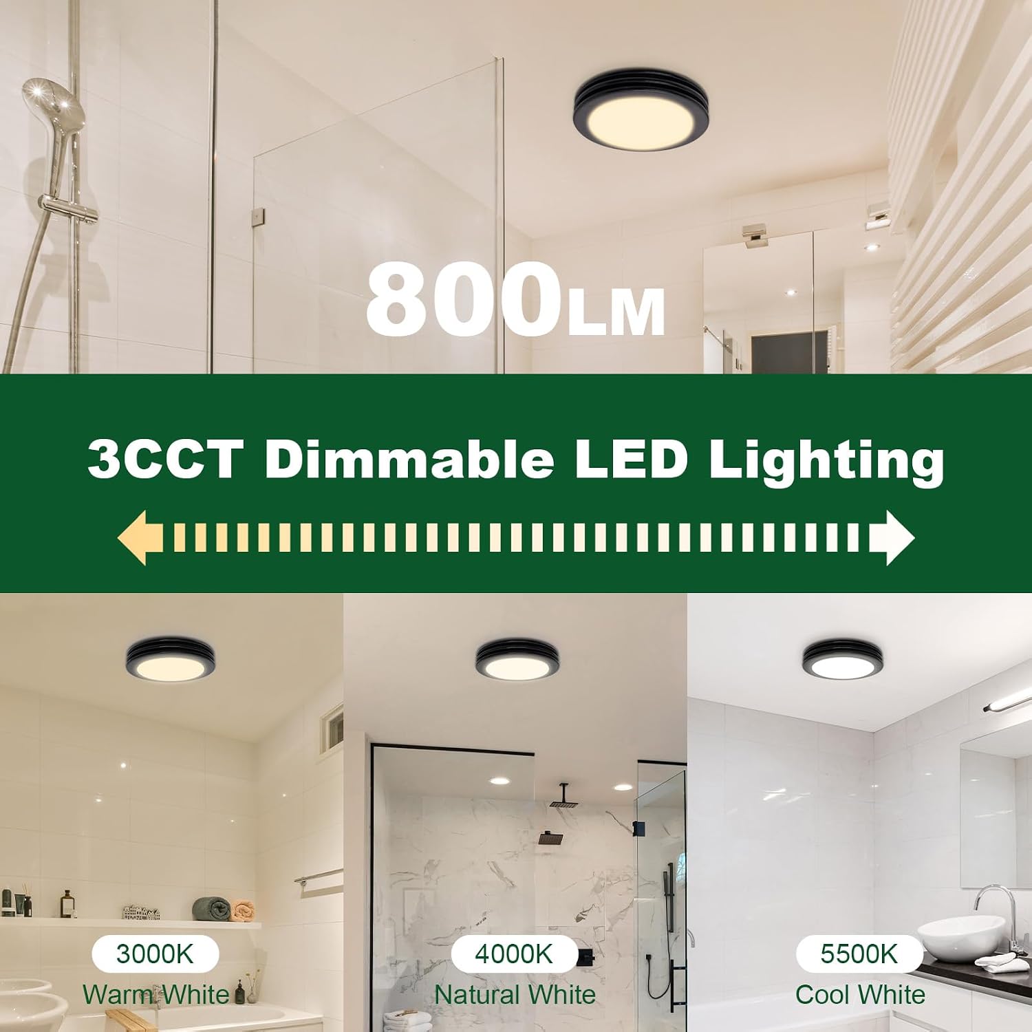 Akicon Bathroom Exhaust Fan with Light, 80 CFM 2 Sones Round Bathroom Fans Light Combo, Dimmable 3CCT LED Shower Lights Vent Fan with Acrylic Cover for Medium Room(Matte Black)