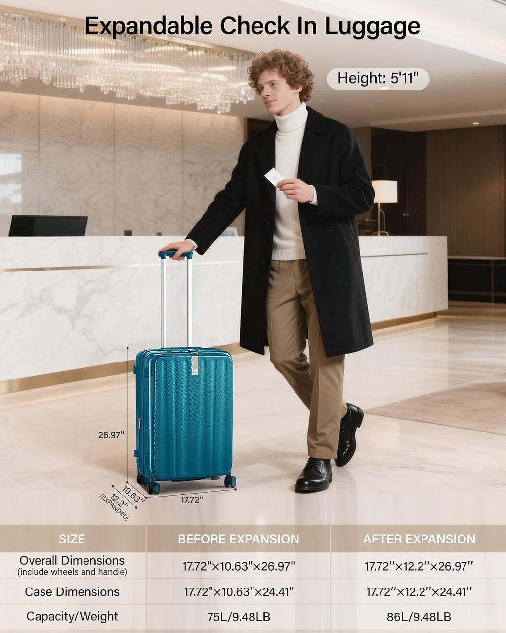 Hanke 24 Inch Expandable Luggage Top Opening Checked Bag Luggage Hard Shell Suitcases with Wheels Lightweight Travel Luggage Medium Suitcase with Lock for Woman Men-Caribbean Blue