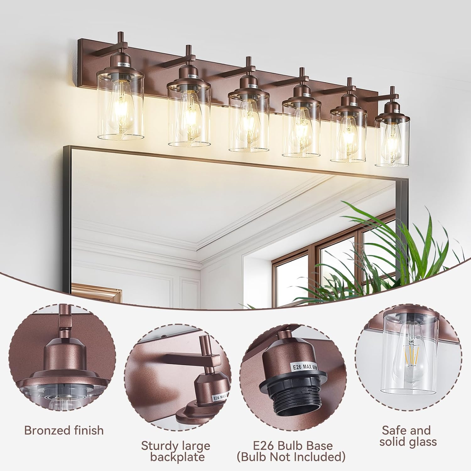 Lanhall 6-Light Bronze Bathroom Light Fixtures Over Mirror,Modern Bathroom Vanity Light with Clear Glass Shade, Wall Sconce for Bathroom Hallway Cabinet Bedroom Kitchen Living Room Foyer E26 Base