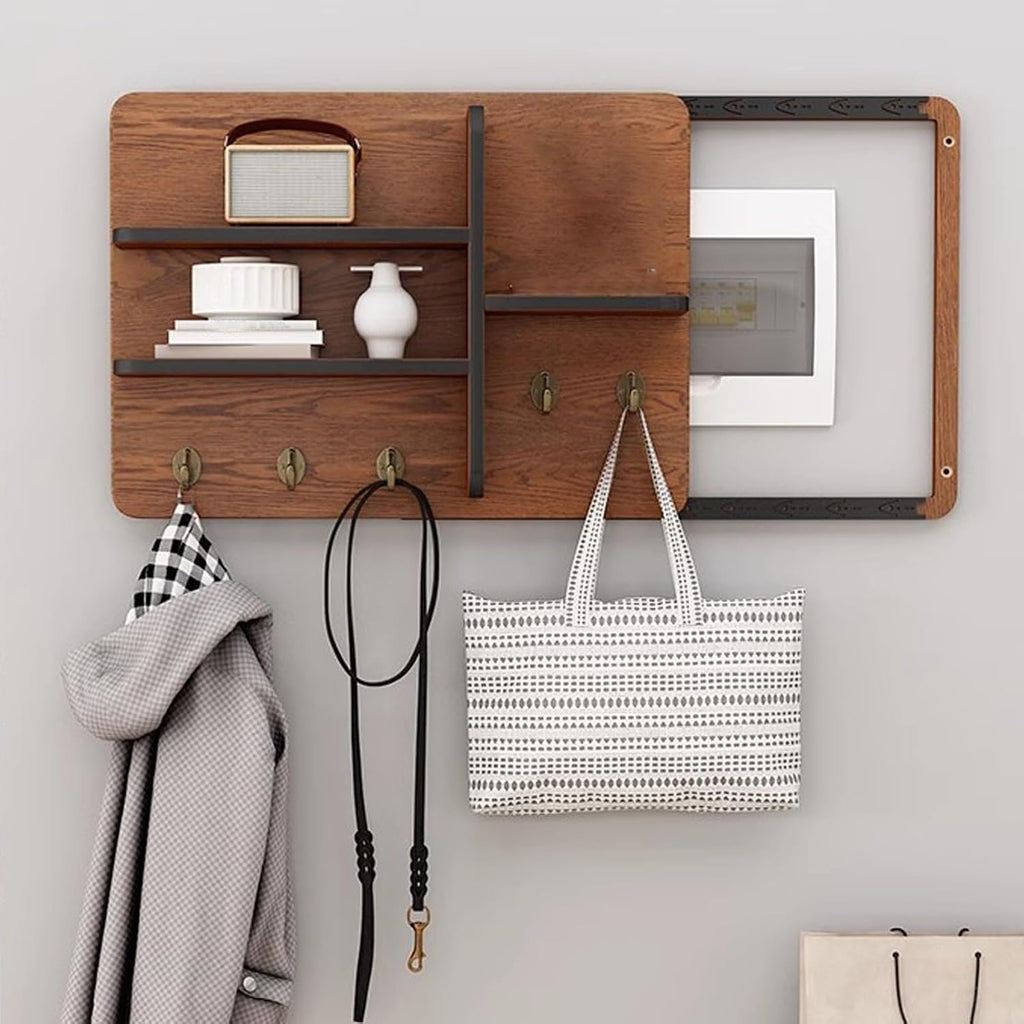 Wooden Breaker Box Cover with Shelves & Hooks, Multifunctional Indoor Fuse Box Cover for Decorative Wall, Left Sliding Meter Box Cover Farmhouse(Style/F,40x30cm(15 3/4x11 3/4'))