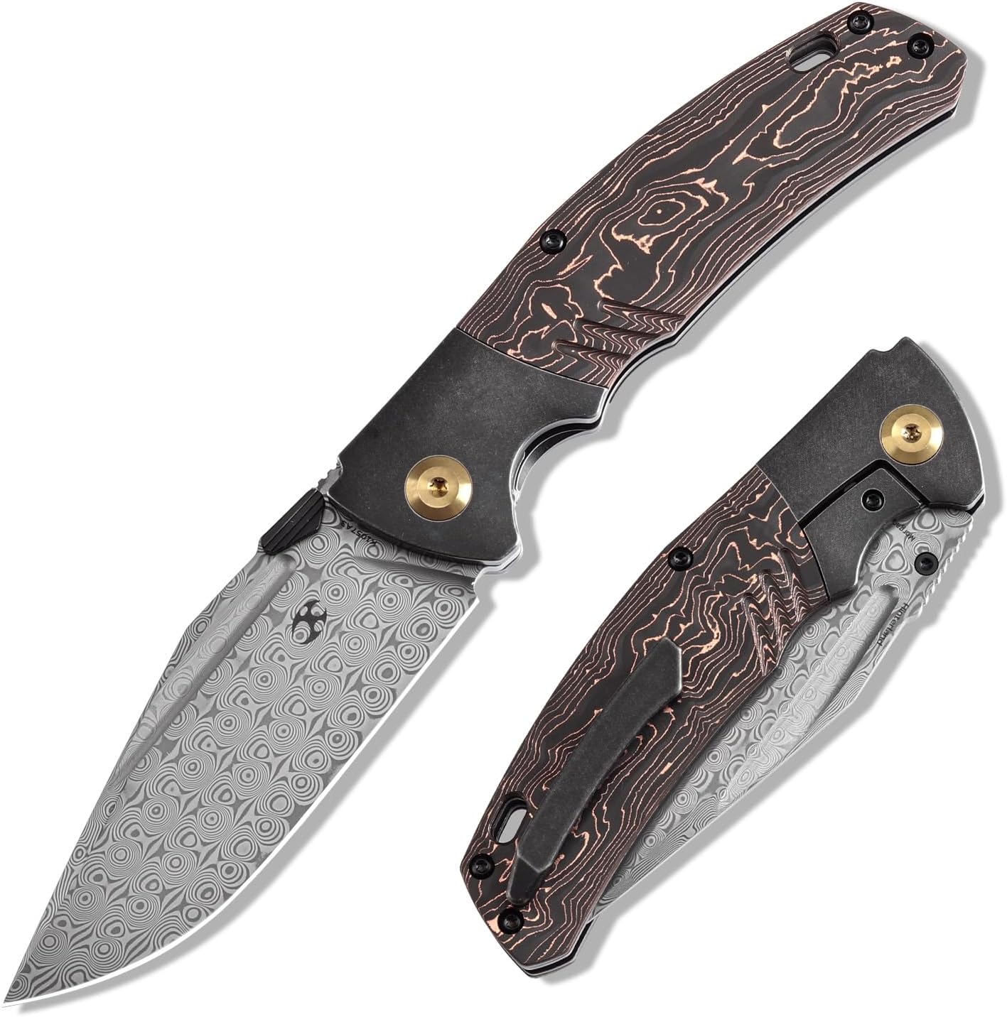 KANSEPT Hinterland Pocket Folding Knives for Men EDC Camping Folding Knife 3.58'' Damascus Blade Pocket Knife with Blackwash Titanium + Copper Carbon Fiber Handle Everyday Carry K1057A3