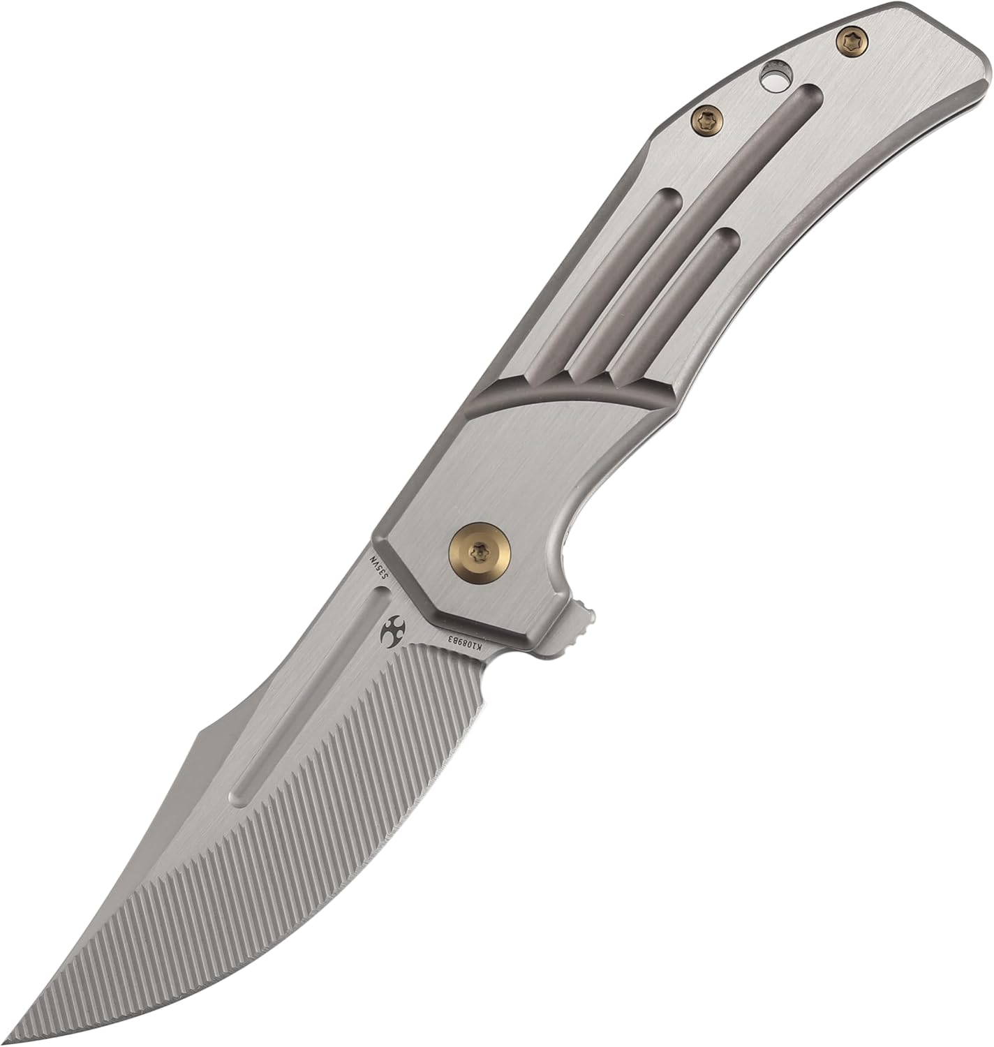 KANSEPT Orion Pocket Knife, 3.07' Machine Satin S35VN Blade with Blood Groove and Bronze Anodized Titanium Handle Both Crafted with CNC Milling, Flipper EDC Folding Knife for Camping, Hunting K1089B3