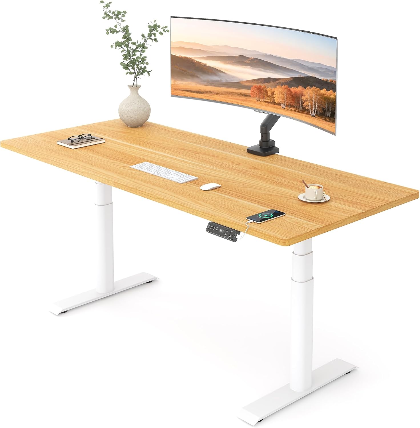 FLEXISPOT E6 Pro Dual Motor Electric Standing Desk, Organic Modern Oval Leg Design, 3-Stage Height Adjustable Sit Stand Desk with Heavy Duty 330lbs, 48' x 30' Maple Desktop, White Frame