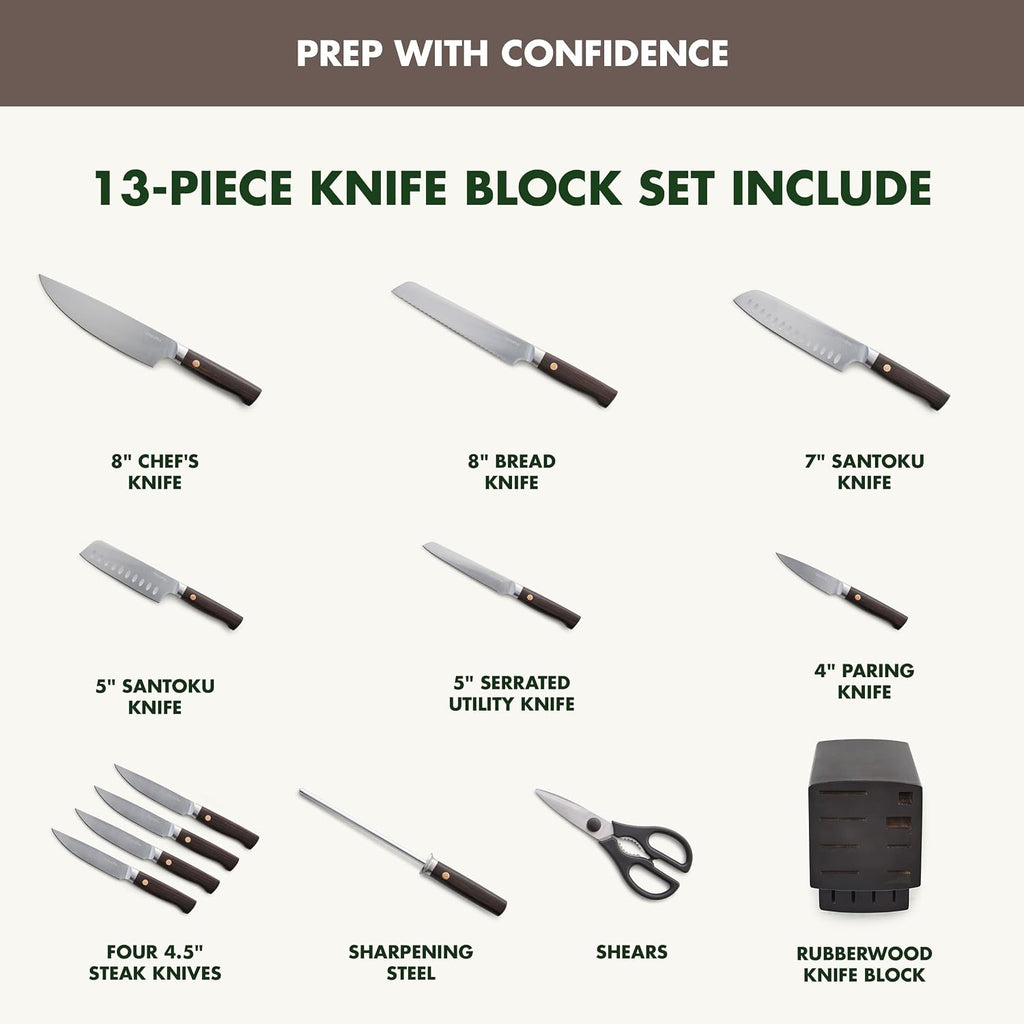 GreenPan Elite 13 Piece Wooden Knife Block Set, Professional Stainless Steel Blades with Titanium Coating, Ultra-Sharp Kitchen Cutlery, Chef, Santoku, Bread & Steak Knives, Ergonomic Brown Wood Handle