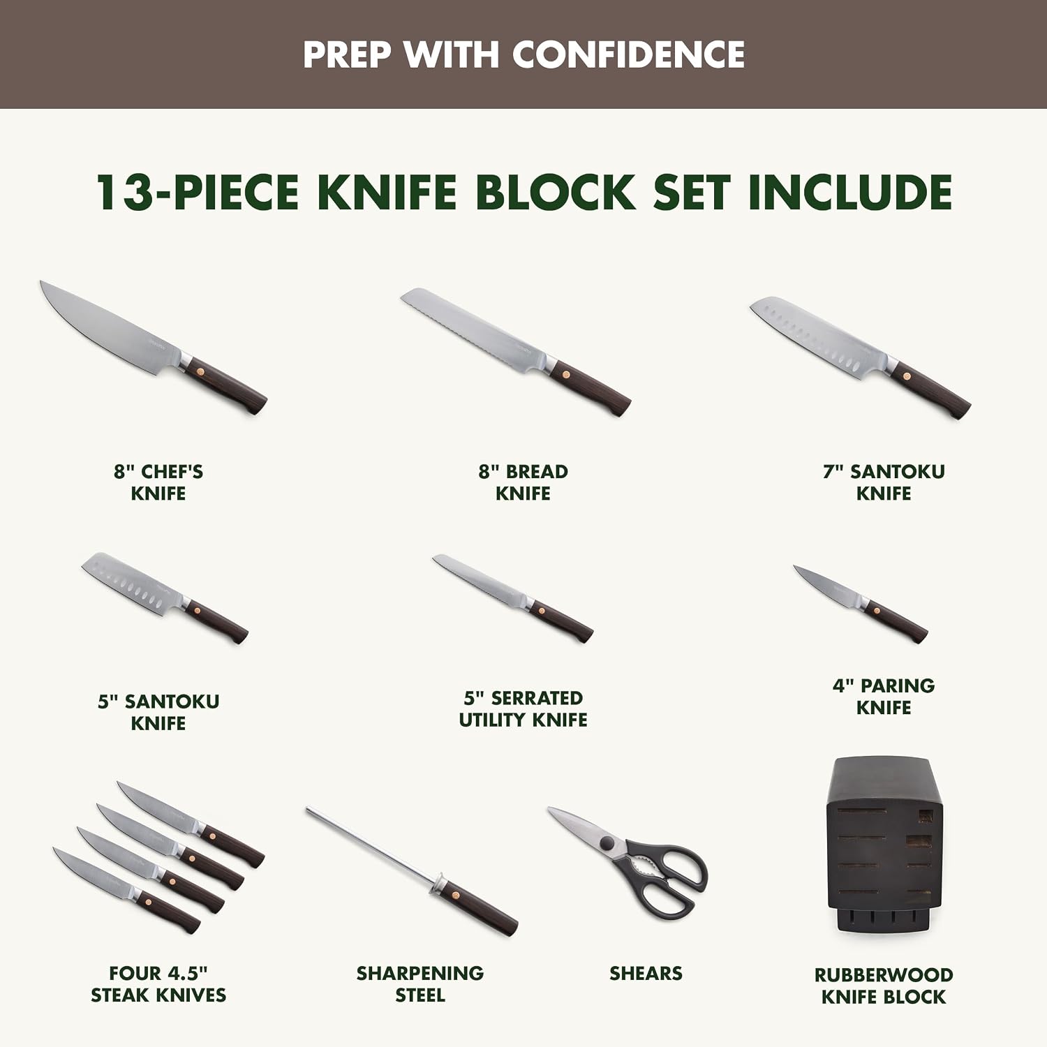 GreenPan Elite 13 Piece Wooden Knife Block Set, Professional Stainless Steel Blades with Titanium Coating, Ultra-Sharp Kitchen Cutlery, Chef, Santoku, Bread & Steak Knives, Ergonomic Brown Wood Handle