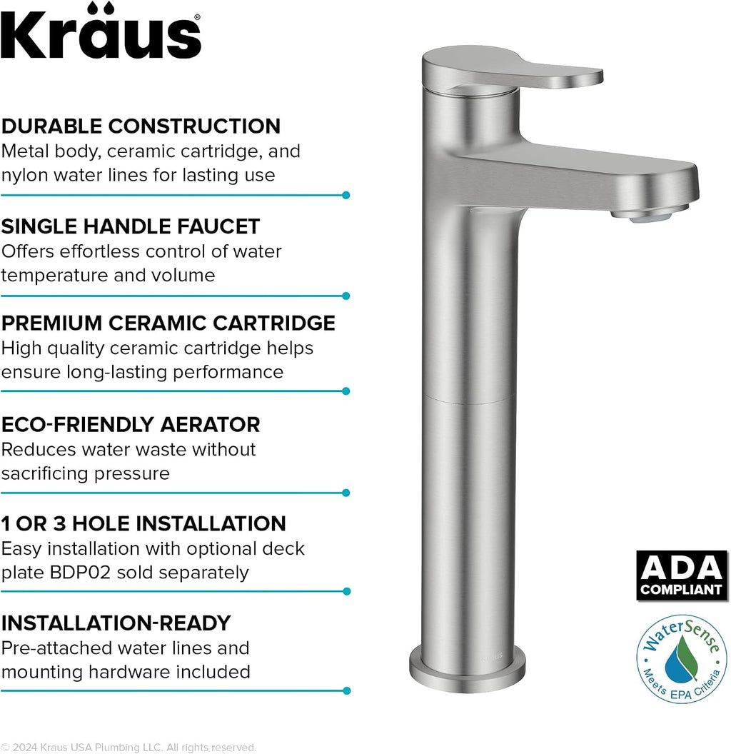 KRAUS Indy Bathroom Faucet for Vessel Sink in Spot-Free Brushed Nickel with Single Handle, Pop Up Drain and Supply Lines, KVF-1410SFBN