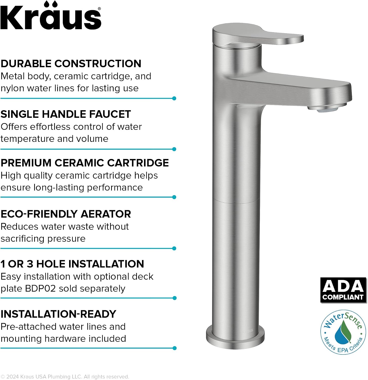 KRAUS Indy Bathroom Faucet for Vessel Sink in Spot-Free Brushed Nickel with Single Handle, Pop Up Drain and Supply Lines, KVF-1410SFBN