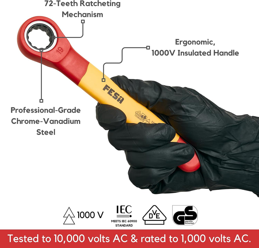 FESA Insulated Ratchet Wrench Set - 8-Piece 1000V Box Wrench Set with Storage Pouch - Metric Insulated Wrenches Included in This Electrician Tool Set 7mm, 8mm, 10mm, 12mm, 13mm, 14mm, 17mm, 19 mm