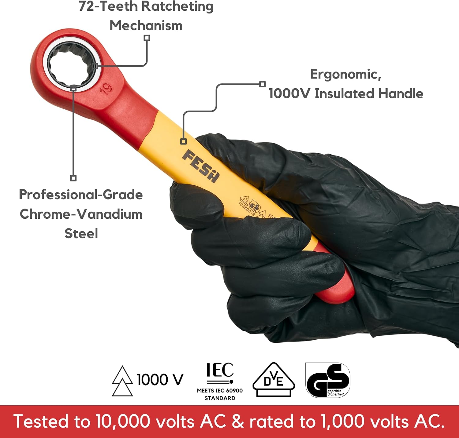 FESA Insulated Ratchet Wrench Set - 8-Piece 1000V Box Wrench Set with Storage Pouch - Metric Insulated Wrenches Included in This Electrician Tool Set 7mm, 8mm, 10mm, 12mm, 13mm, 14mm, 17mm, 19 mm