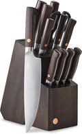 GreenPan Elite 13 Piece Wooden Knife Block Set, Professional Stainless Steel Blades with Titanium Coating, Ultra-Sharp Kitchen Cutlery, Chef, Santoku, Bread & Steak Knives, Ergonomic Brown Wood Handle