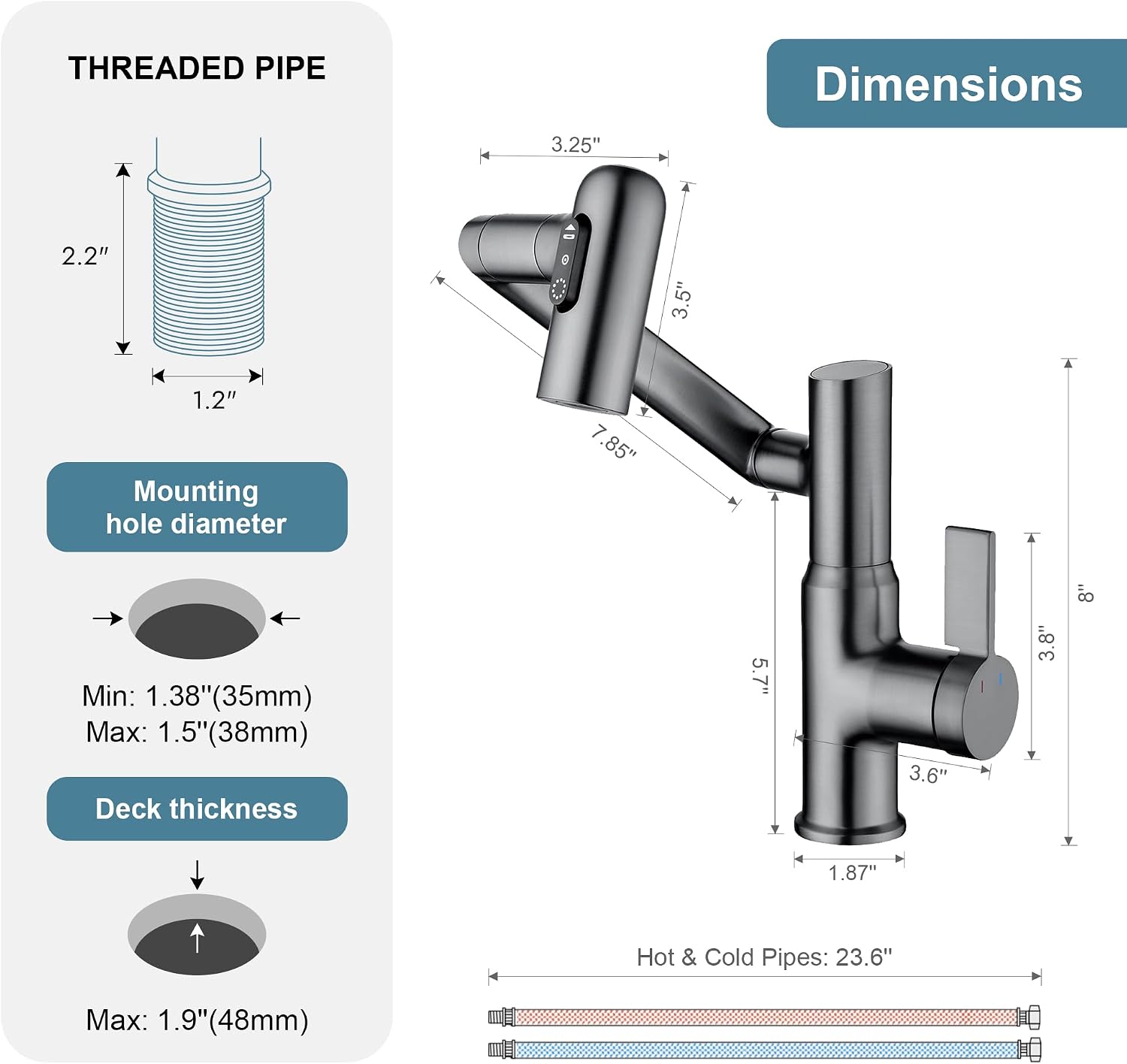 Lefton Rotatable Bathroom Faucet BF2204 with 6' Cover Plate FCP2202, Grey