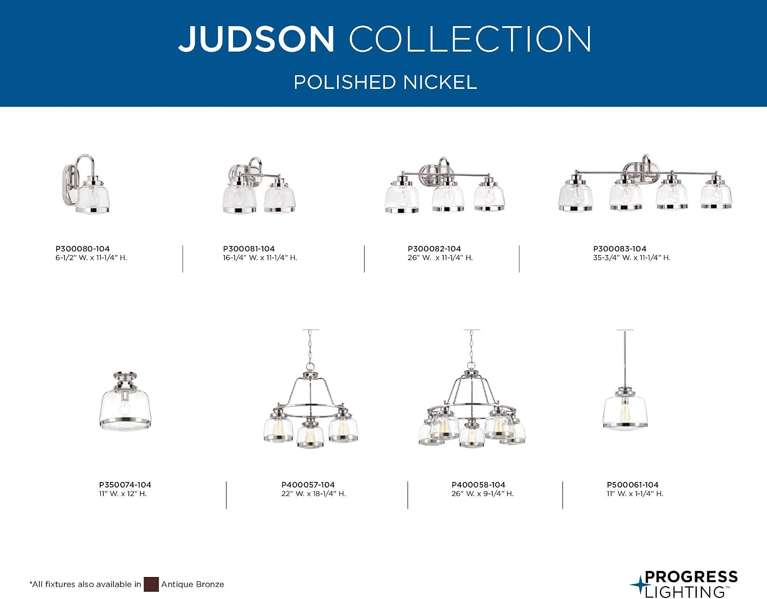 Progress Lighting P300081-104 Judson Collection Clear Glass Farmhouse Bath Vanity Light, 2-Light, Polished Nickel