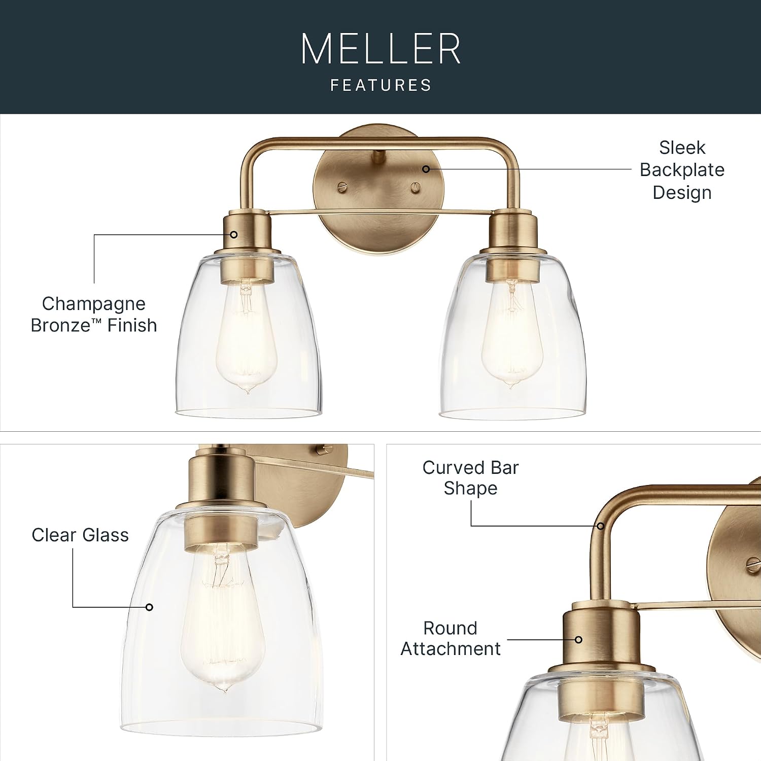 Kichler Meller 2-Light Bathroom Vanity Light Fixture with Clear Glass Shades, Industrial Wall Sconce in Champagne Bronze for Bathroom Mirror (11.25' x 5.5' x 7'), 55101CPZ