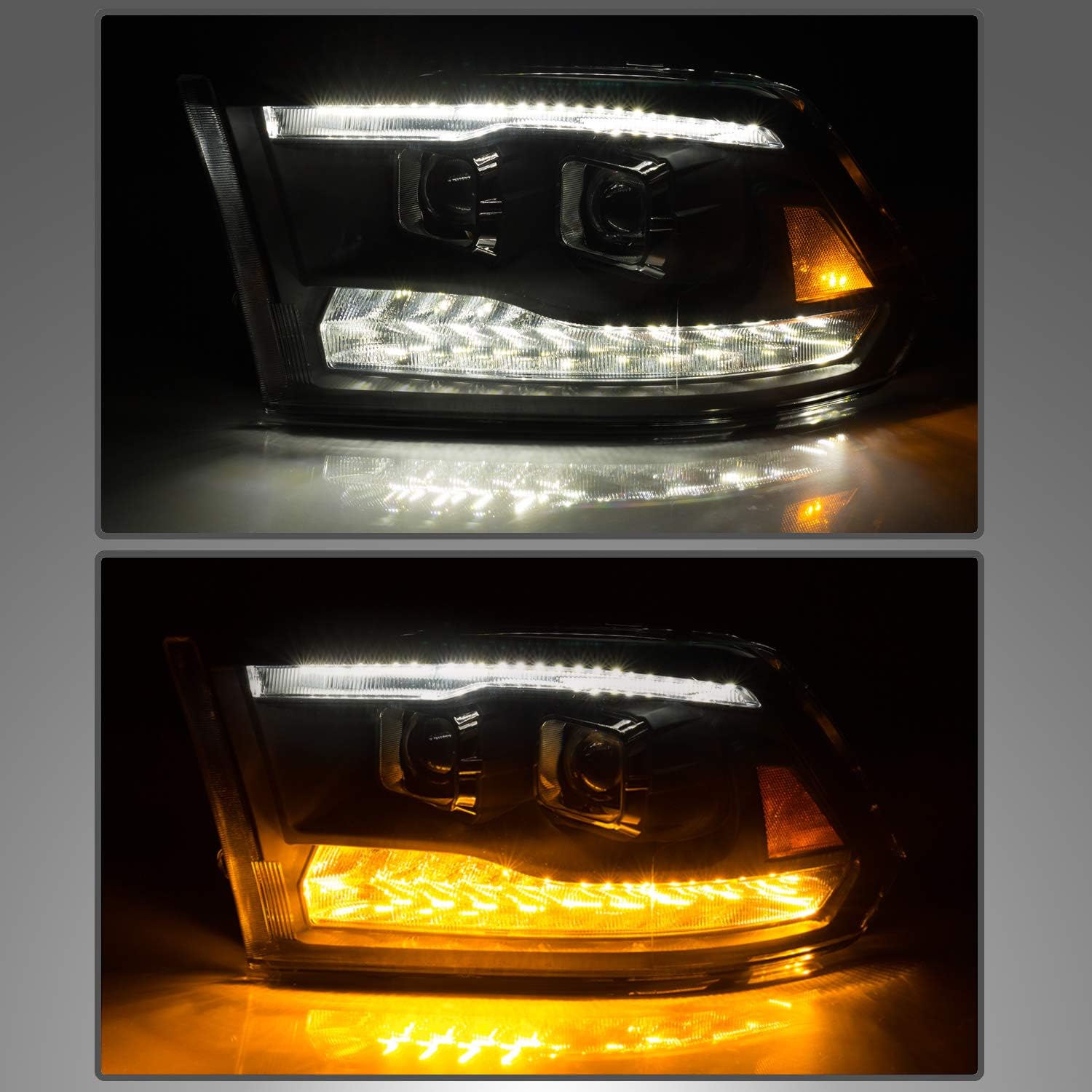 AmeriLite for 2009-2018 Dodge Ram 1500 2500 3500 [BOTH Model] Upgraded Projector Switchback LED Tube Black Headlights Assembly Pair - Passenger and Driver Side
