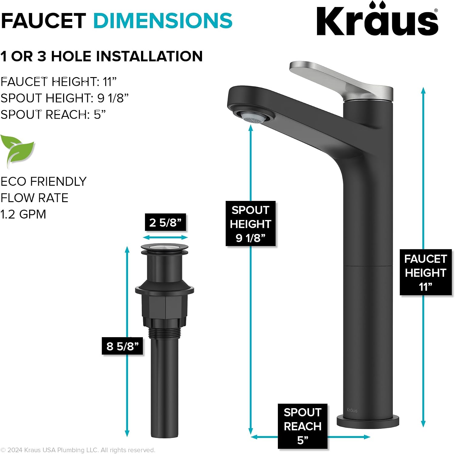 KRAUS Indy Bathroom Faucet for Vessel Sink in Spot-Free Brushed Nickel/Matte Black with Single Handle, Pop Up Drain and Supply Lines, KVF-1410SFBNMB