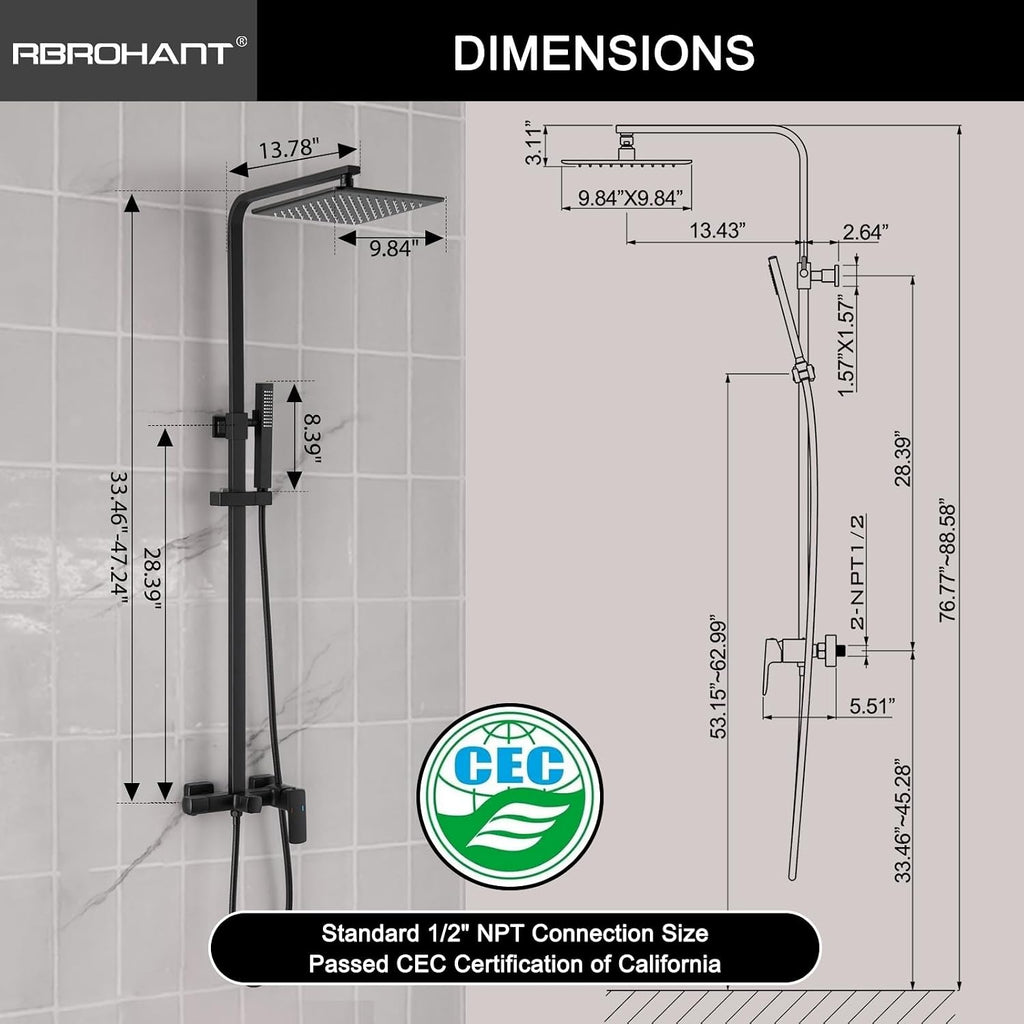 RBROHANT 3 Functions Exposed Shower System, Matte Black Exposed Shower Faucet Set, 10 Inch Rain Shower Head with Handheld and Tub Spout,Shower Height Adjustable, Wall Mounted