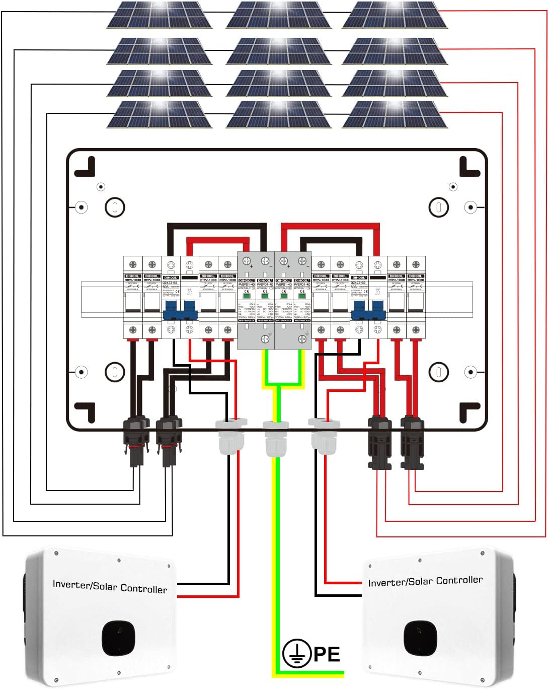 DIHOOL PV Solar Combiner Box with Lightning Surge Protector Arrester, 4 String 4 in 2 Out, 25A 500V DC Breaker Fuse Inline Box for 4 Arrays and 2 Inverters