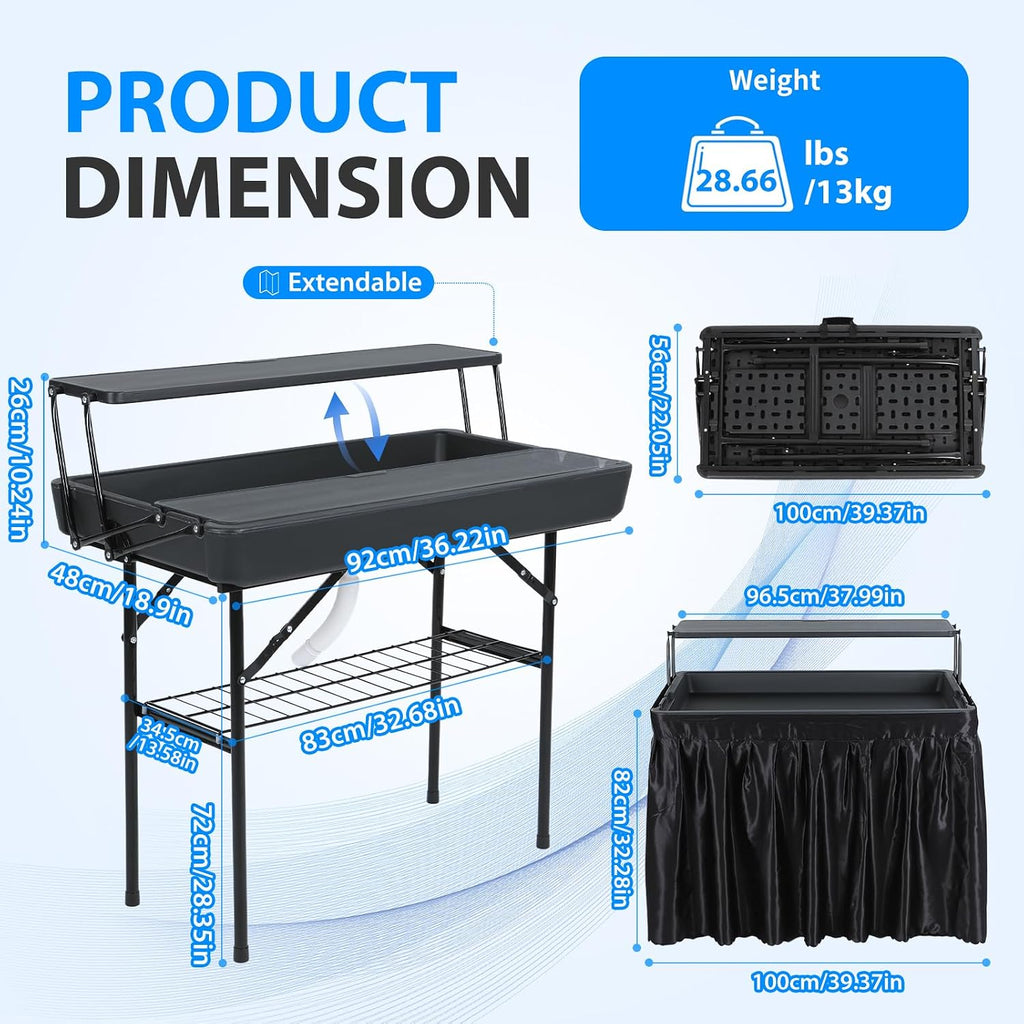 Nice C 4 ft Folding Ice Cooler Table, Party Cooler, Grazing Table with Drain, Bar Cooler Tables, with Matching Skirt, Storage Shelf (Black)