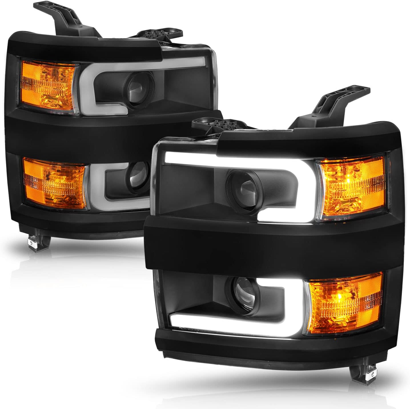 AmeriLite for 2015-2019 Chevy Silverado 2500HD 3500HD Work Truck w/Dual LED Tube All Dark Black Square Projector Replacement Headlights Set - Passenger and Driver Side