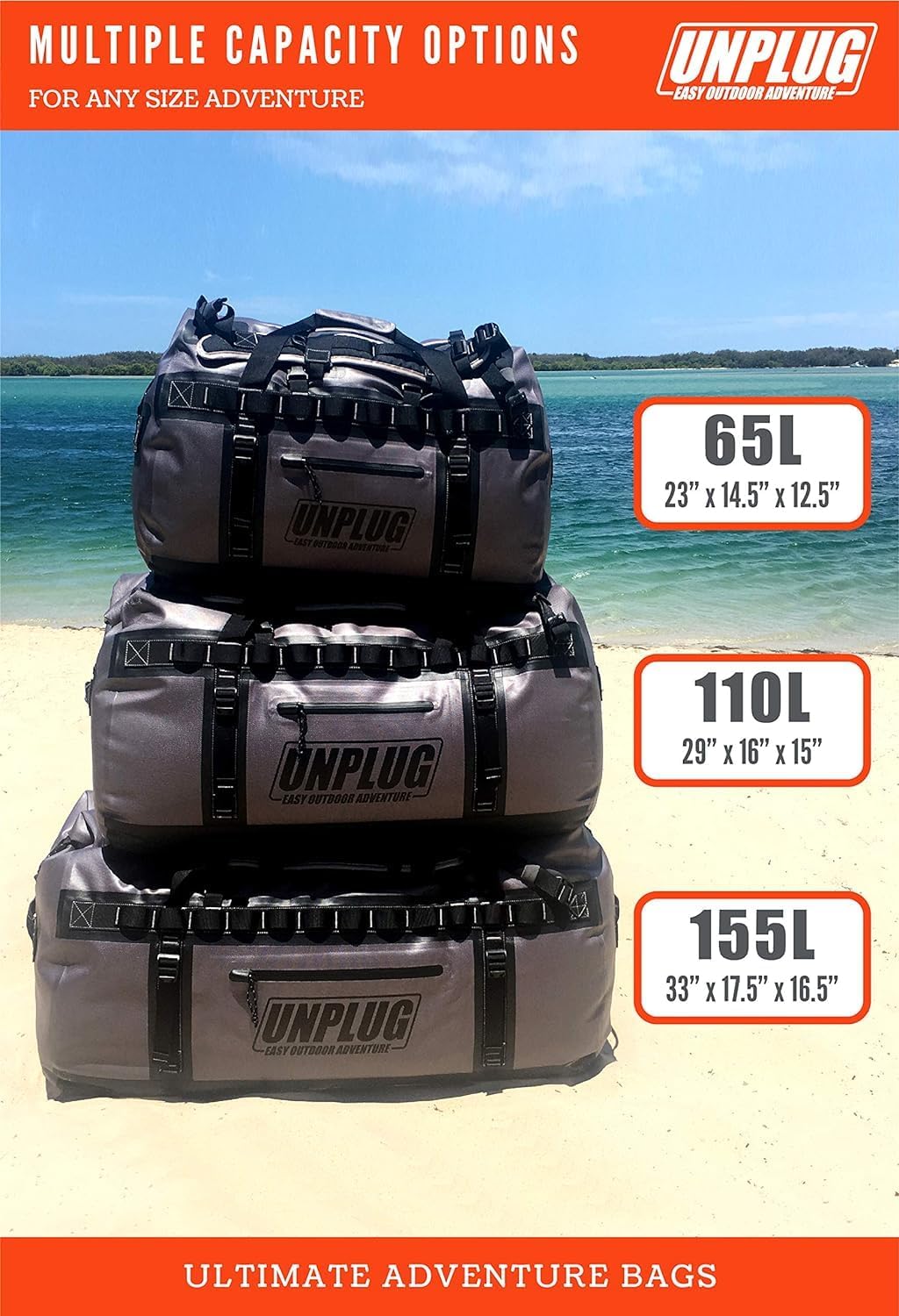 UNPLUG Ultimate Adventure | 1680D Heavy Duty Waterproof Bag | Large Travel Bag which can be Used for Camping, Motorcycling, Boating, or Hunting|65L Storm Grey