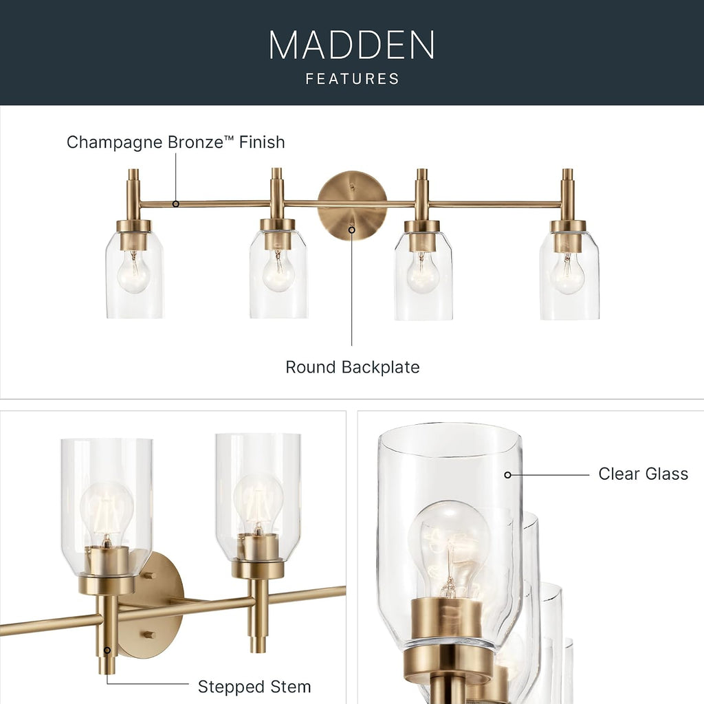 Kichler Madden 4-Light Bathroom Vanity Light Fixture with Clear Glass Shades in Champagne Bronze, Modern Wall Mount for Single or Double Vanity Over Mirror (10.5' x 34'), 55186CPZ