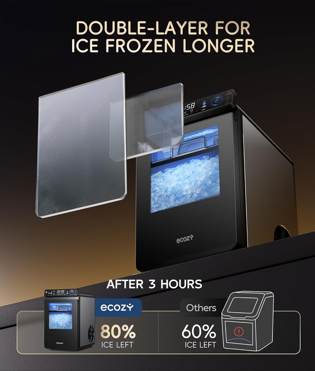ecozy Nugget Ice Maker Countertop, First Full-Color Smart Panel 44 lbs/24H Ice Machine with APP & Voice Control, Double-Layer Insulation, Pull-Out Water Tank, Soft Pebble Chewable Ice, Self-Cleaning