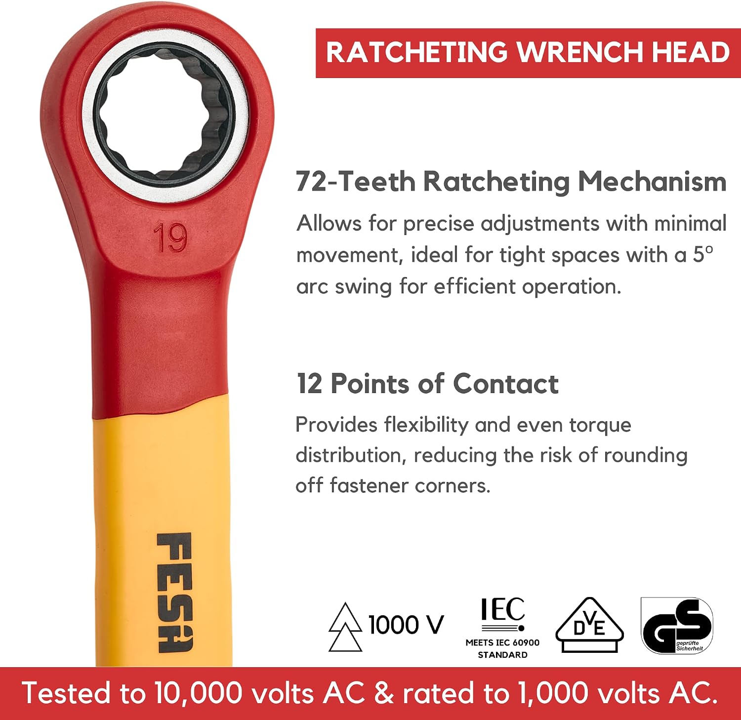 FESA Insulated Ratchet Wrench Set - 8-Piece 1000V Box Wrench Set with Storage Pouch - Metric Insulated Wrenches Included in This Electrician Tool Set 7mm, 8mm, 10mm, 12mm, 13mm, 14mm, 17mm, 19 mm