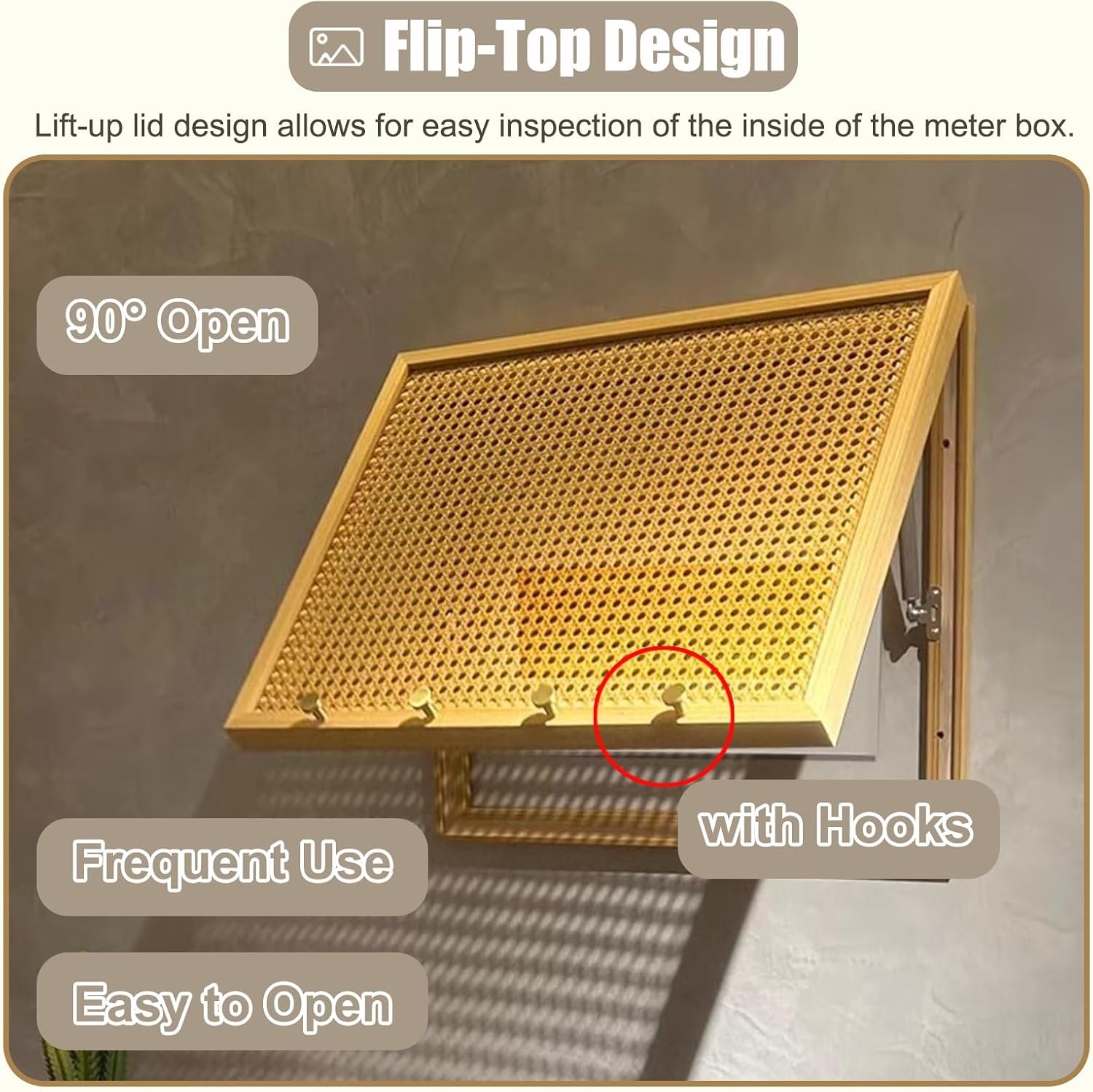 Rattan Electrical Panel Cover Wooden with Hooks, Indoor Breaker Box Cover Panel for Home Fuse Box, Hide Water Meter Box Cover for Alarm Panel Cover(75x65cm(29 1/2x25 5/8'))