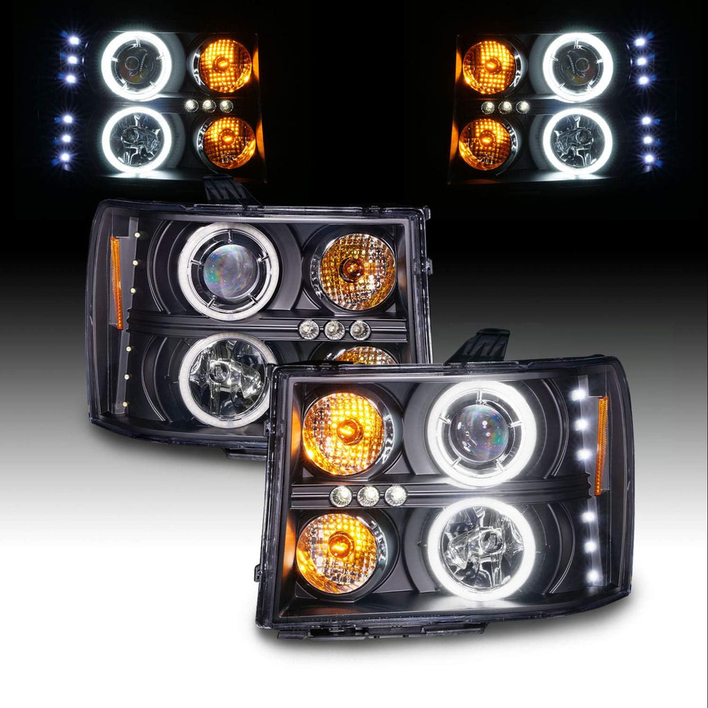 AmeriLite for 2007-2014 GMC Sierra 1500 2500 3500 Dual Xtreme LED Halo Rings Projector Black Replacement Headlight Assembly Set - Driver and Passenger Side