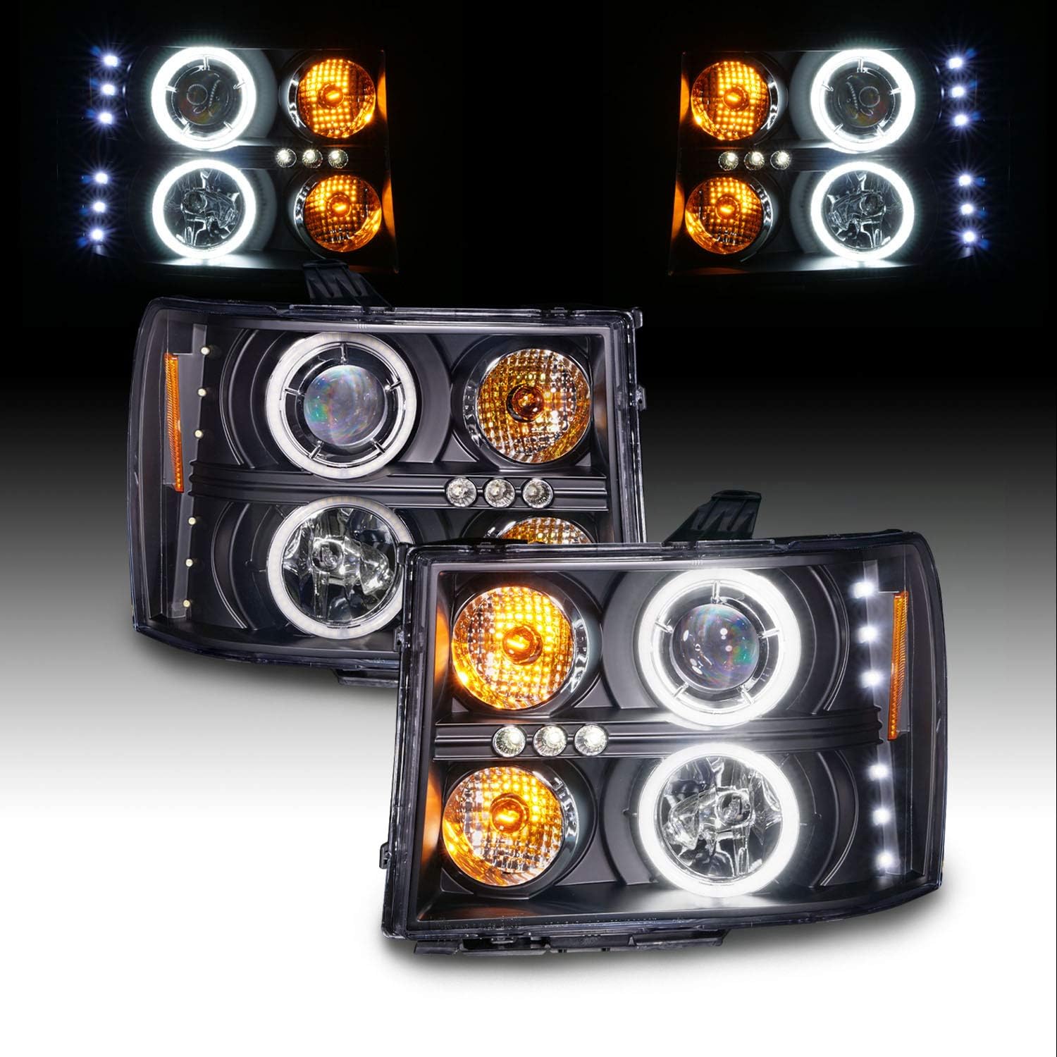 AmeriLite for 2007-2014 GMC Sierra 1500 2500 3500 Dual Xtreme LED Halo Rings Projector Black Replacement Headlight Assembly Set - Driver and Passenger Side