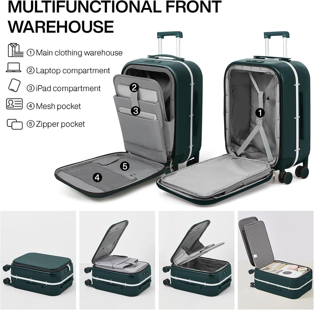 mixi Carry On Luggage, 20'' Suitcase with Front Pocket, Travel Rolling Luggage Aluminum Frame PC Hardside with Spinner Wheels & TSA Lock and Cover - Blackish Green