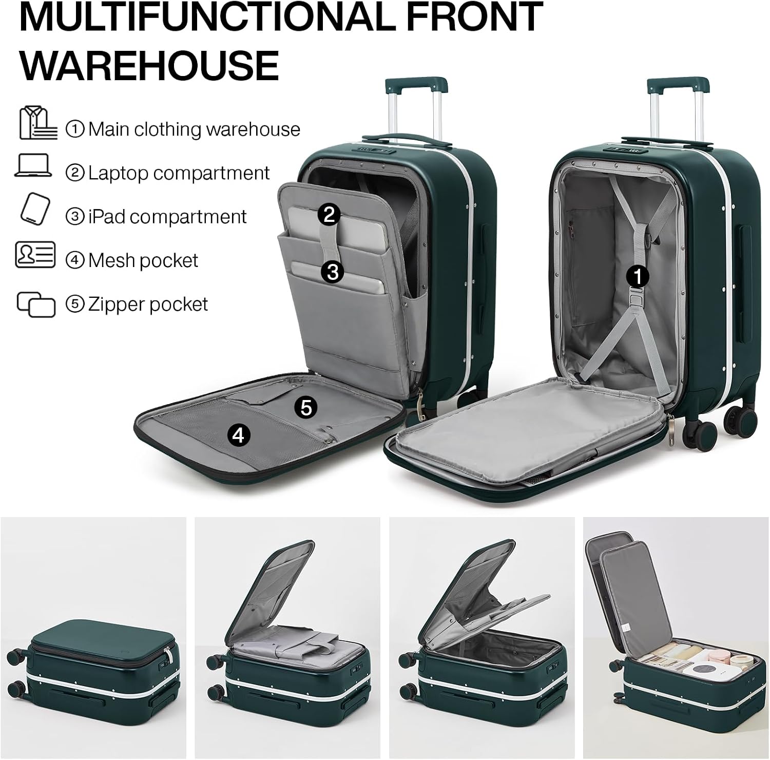 mixi Carry On Luggage, 20'' Suitcase with Front Pocket, Travel Rolling Luggage Aluminum Frame PC Hardside with Spinner Wheels & TSA Lock and Cover - Blackish Green