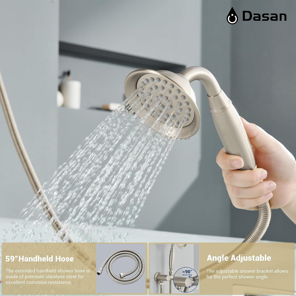 DASAN Brushed Nickel Shower System with Tub Spout, Tub and Shower Faucet Combo Set with Valve & Trim Kit Bathtub Shower Faucet Set Bathtub Shower System with Rainfall Shower Head & Handheld, AT309W-BN