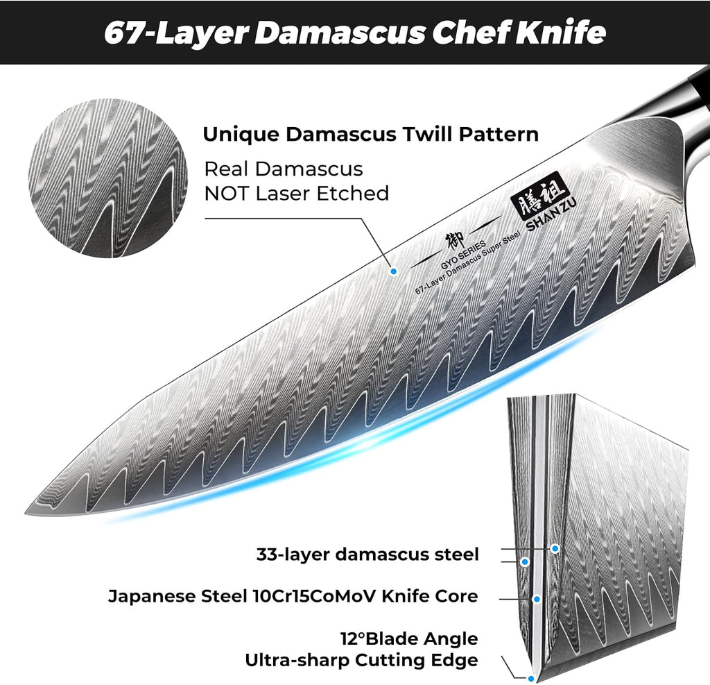 SHAN ZU Damascus Kitchen Knife Set, 7-Piece Professional Knife Sets for Chefs, Japanese 10Cr15CoMoV Super Steel With G10 Handle Knife Block Set, GYO Series