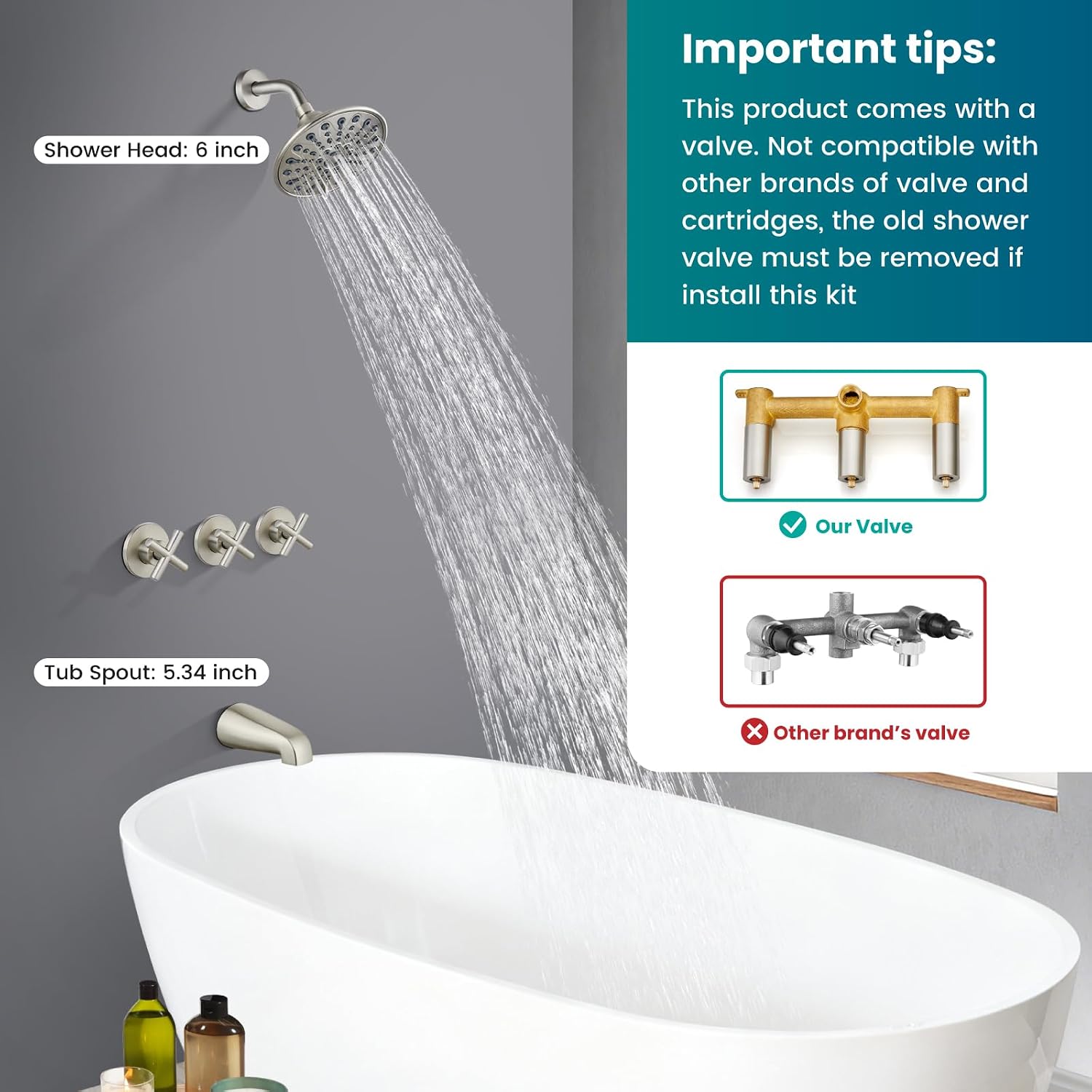 gotonovo 3 Handle Tub Shower Faucet Set, Tub and Shower Faucet Combo,Bathtub Faucet Set with 6 Settings Shower Head and Waterfall Tub Spout, Tub and Shower Trim Kit, Tub Shower Fixture Brushed Nickel