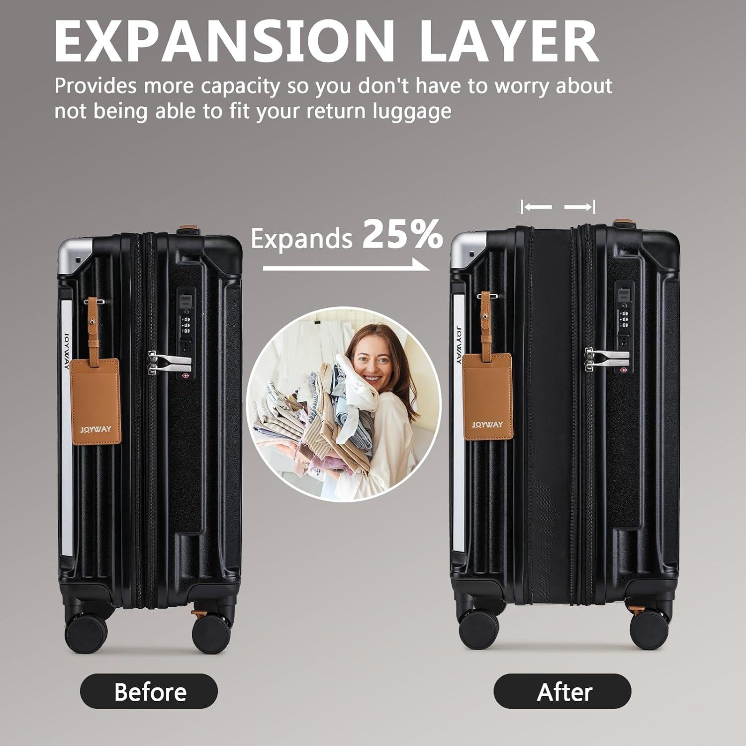 Joyway 3 Piece Set Hardside Expandable Luggage with USB Charging Port and Cup Holder, TSA Lock Spinner Wheels Suitcase for International Travel, Lightweight Carry On Checked Baggage, Black