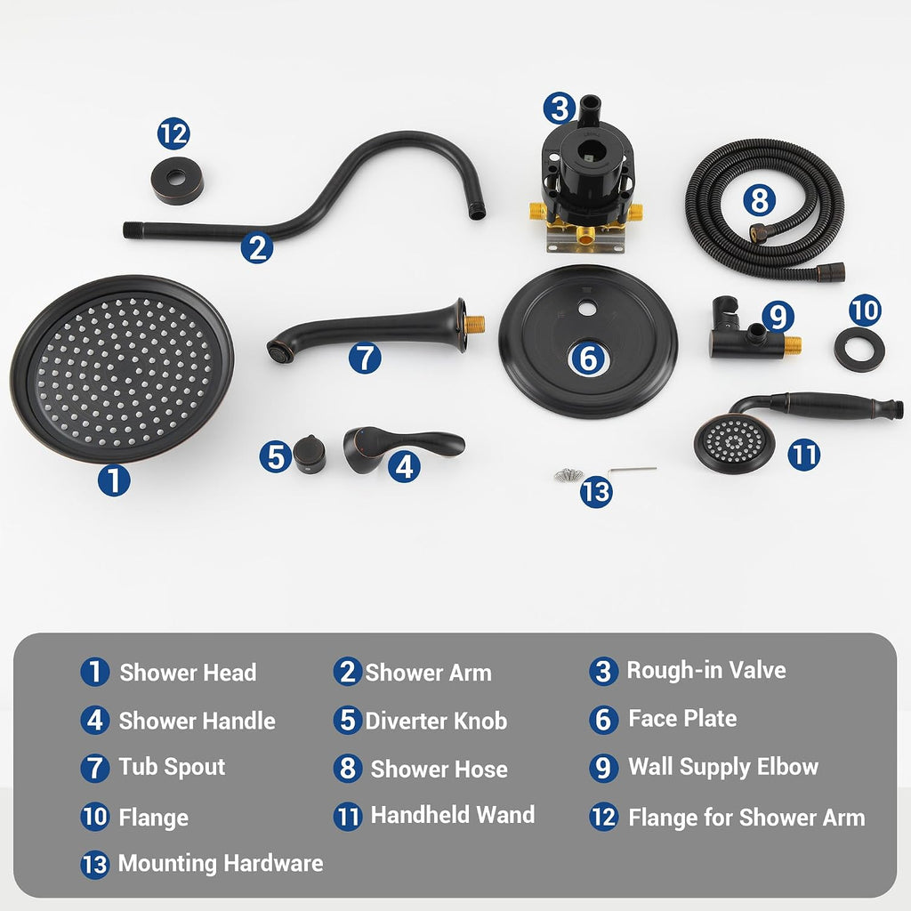 DASAN Oil Rubbed Bronze Shower System with Tub Spout, Tub and Shower Faucet Combo Set with Valve & Trim Kit Bathtub Shower Faucet Set Bathtub Shower System with Rainfall Shower & Handheld, AT309W-ORB