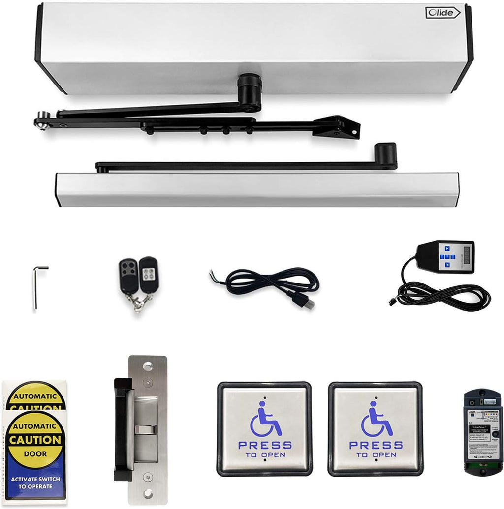 Olideauto Swing Door Operator Automatic for the Disabled,Commercial Smart WiFi Handicap Door Opener Wireless Olide-120B with Wireless Handicap Push Button&Receiver and DC12V 880lbs Electric Strike